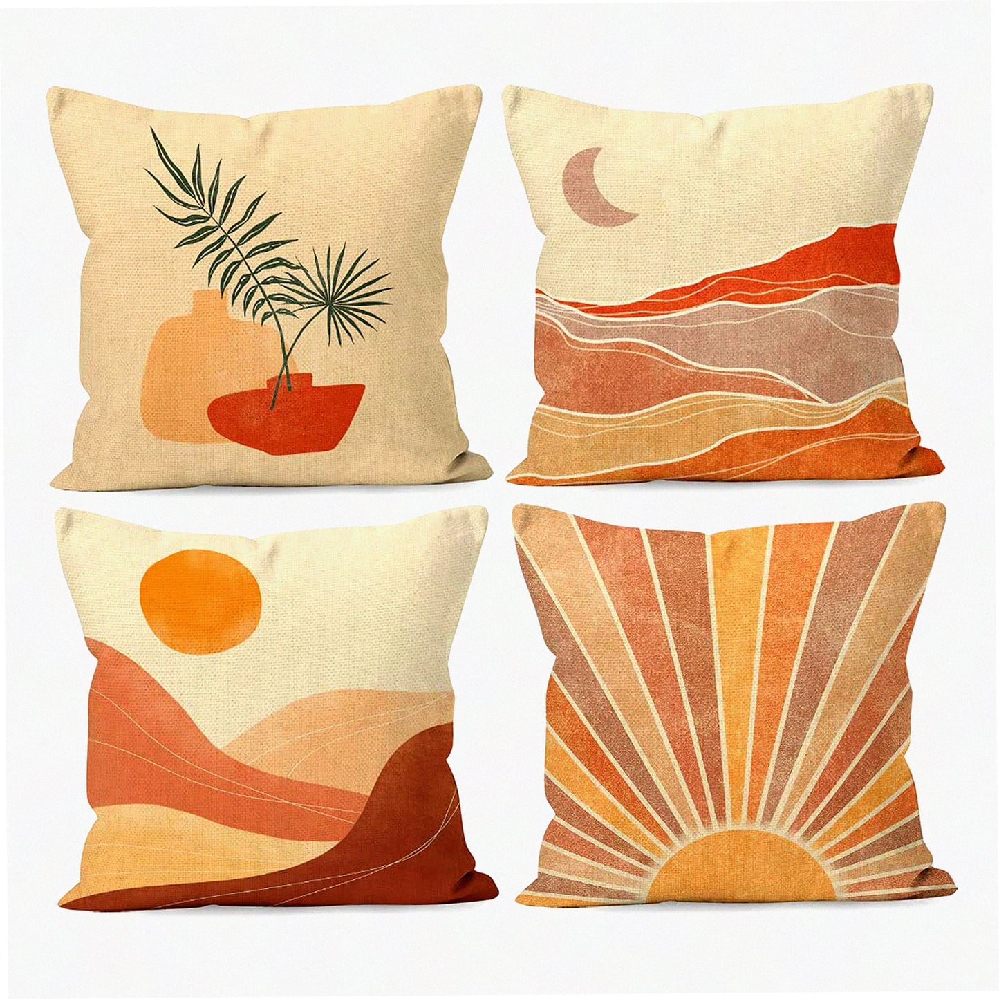 Desert Dream Boho Pillow Set - Sun Mountain Landscape Linen Throw Pillows for Bed & Bedroom Decor - 18 x 18 Inch, Set of 4