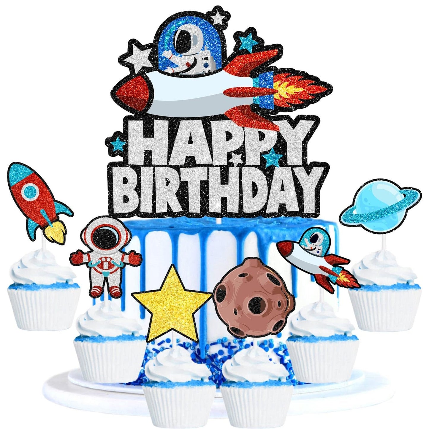 Cosmic Explorer Cake Topper Set - 7PCS Astronaut & Planets Spaceships for Outer Space Themed Birthday Parties, Cosmic Baby Showers