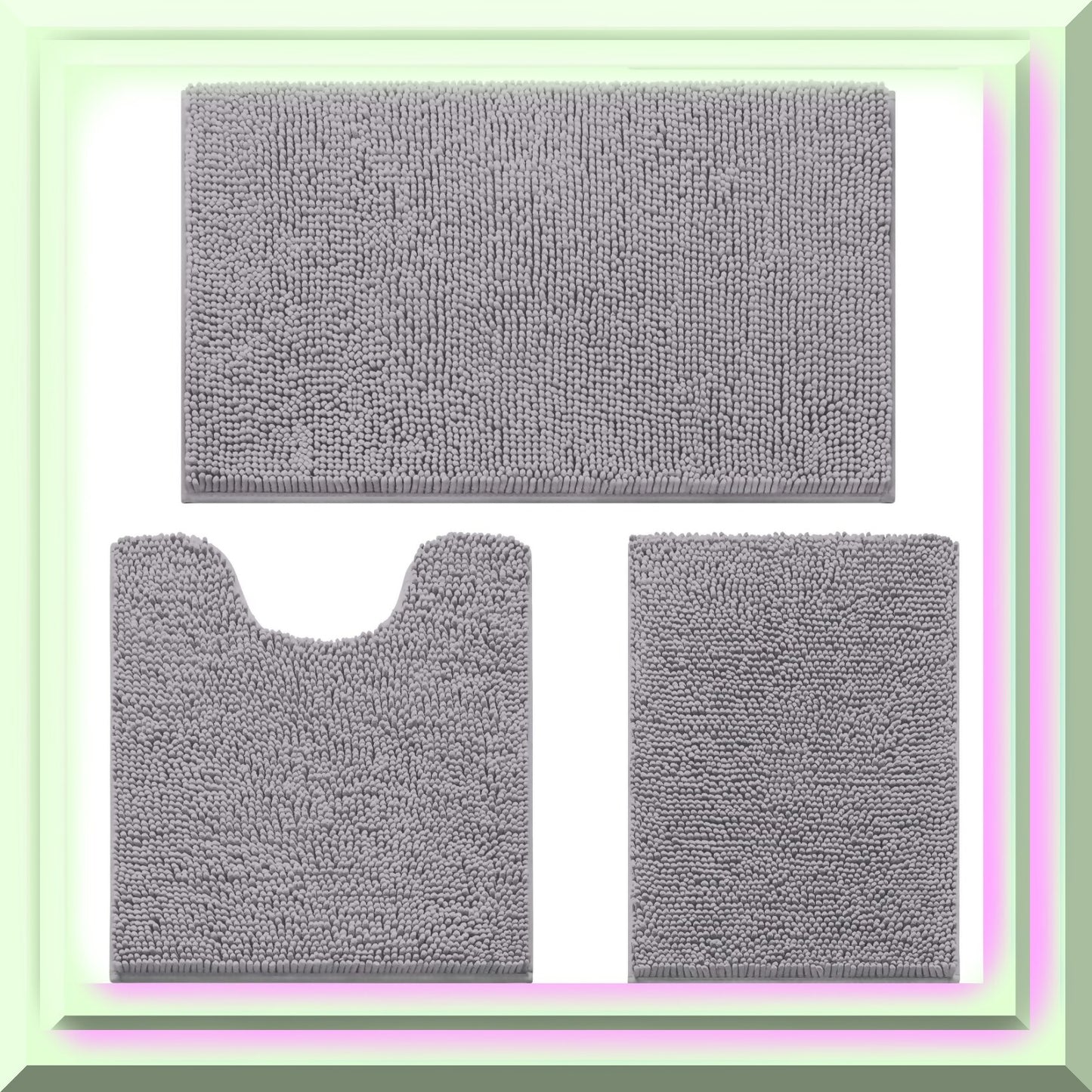 3-Piece Grey Bathroom Rug Set with Non-Slip Chenille