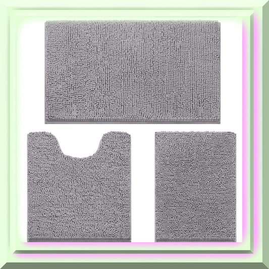 3-Piece Grey Bathroom Rug Set with Non-Slip Chenille