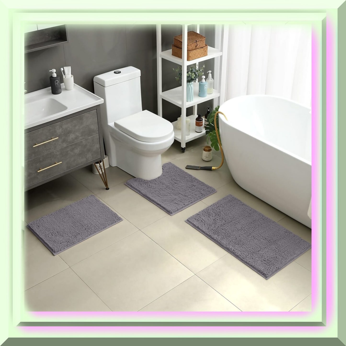 3-Piece Grey Bathroom Rug Set with Non-Slip Chenille