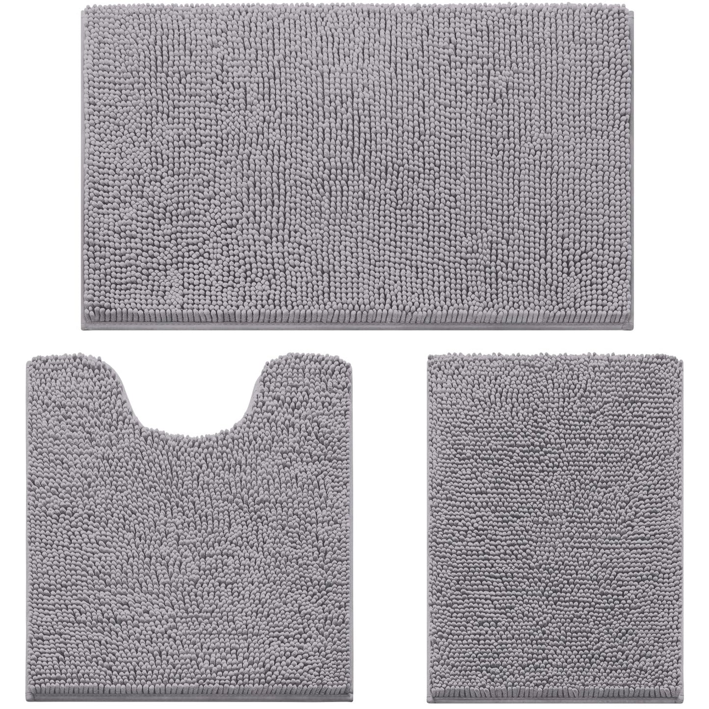 3-Piece Grey Bathroom Rug Set with Non-Slip Chenille