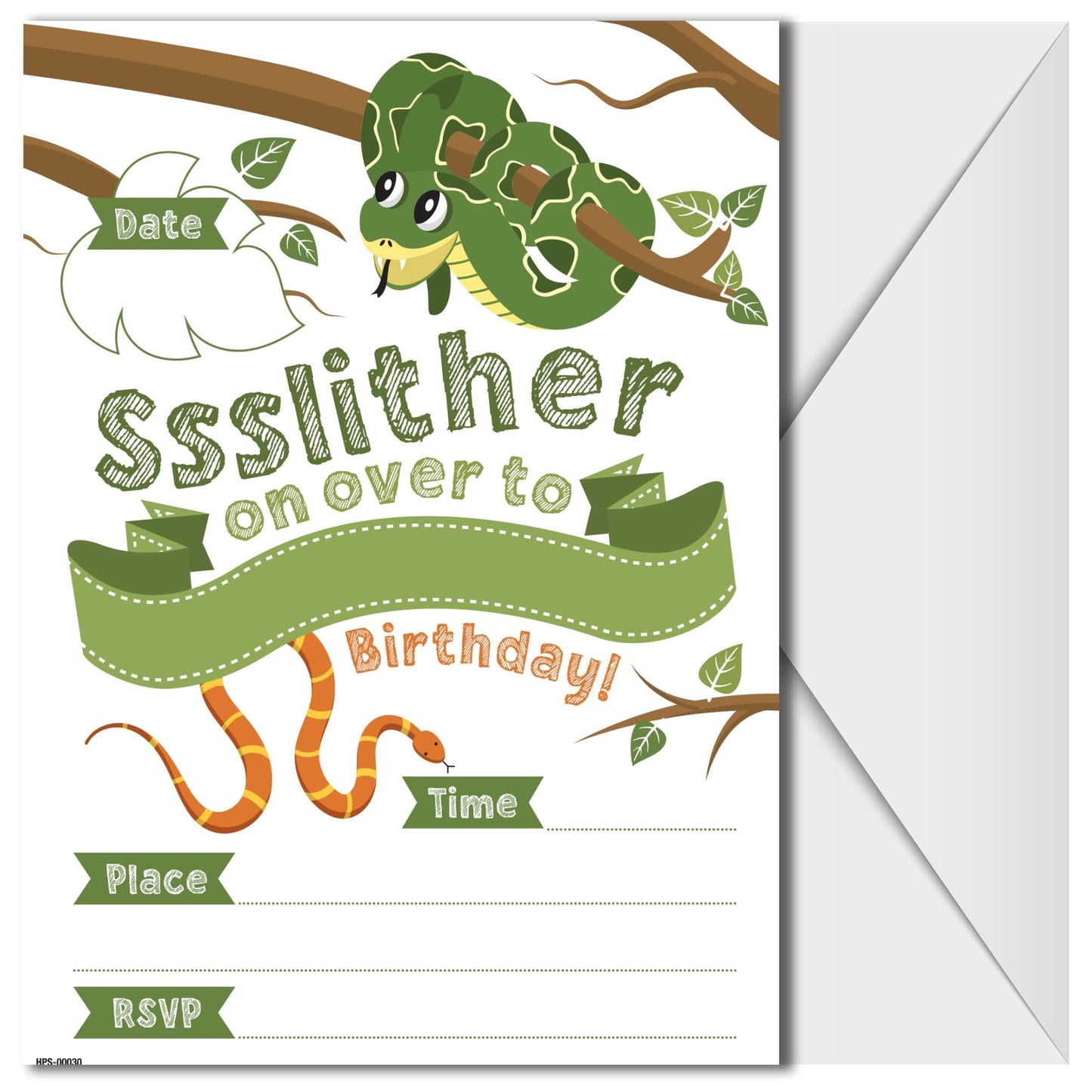 Snake Party Invites Pack - Reptile Themed Birthday Invitations for Kids - Set of 20 Fill In Cards with Envelopes - Boys, Girls, Toddlers, Children - Snake Supplies Included