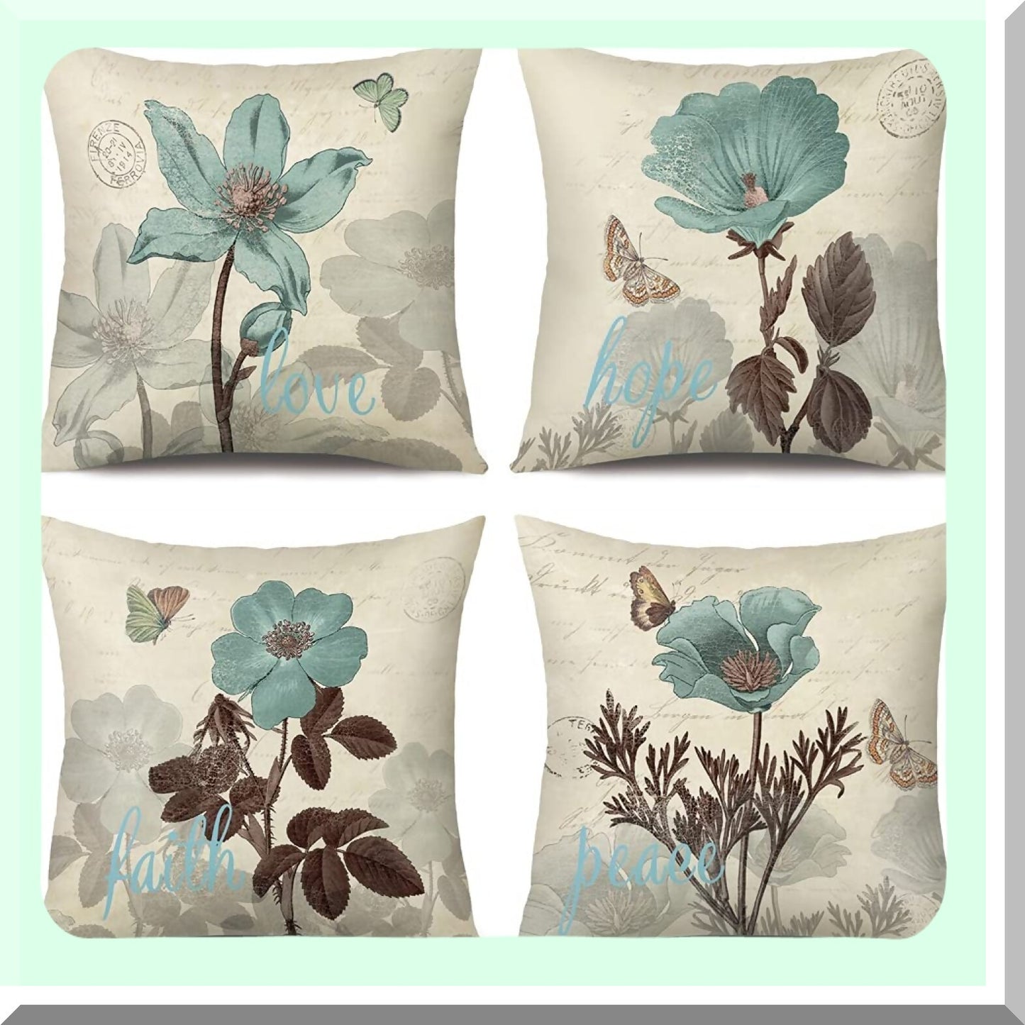 Blue Bloom Decorative Pillow Covers - Set of 4, 18x18 Inch Square Cushion Cases for Home Decor, Sofa, Bedroom, Car - Cotton Linen Fabric