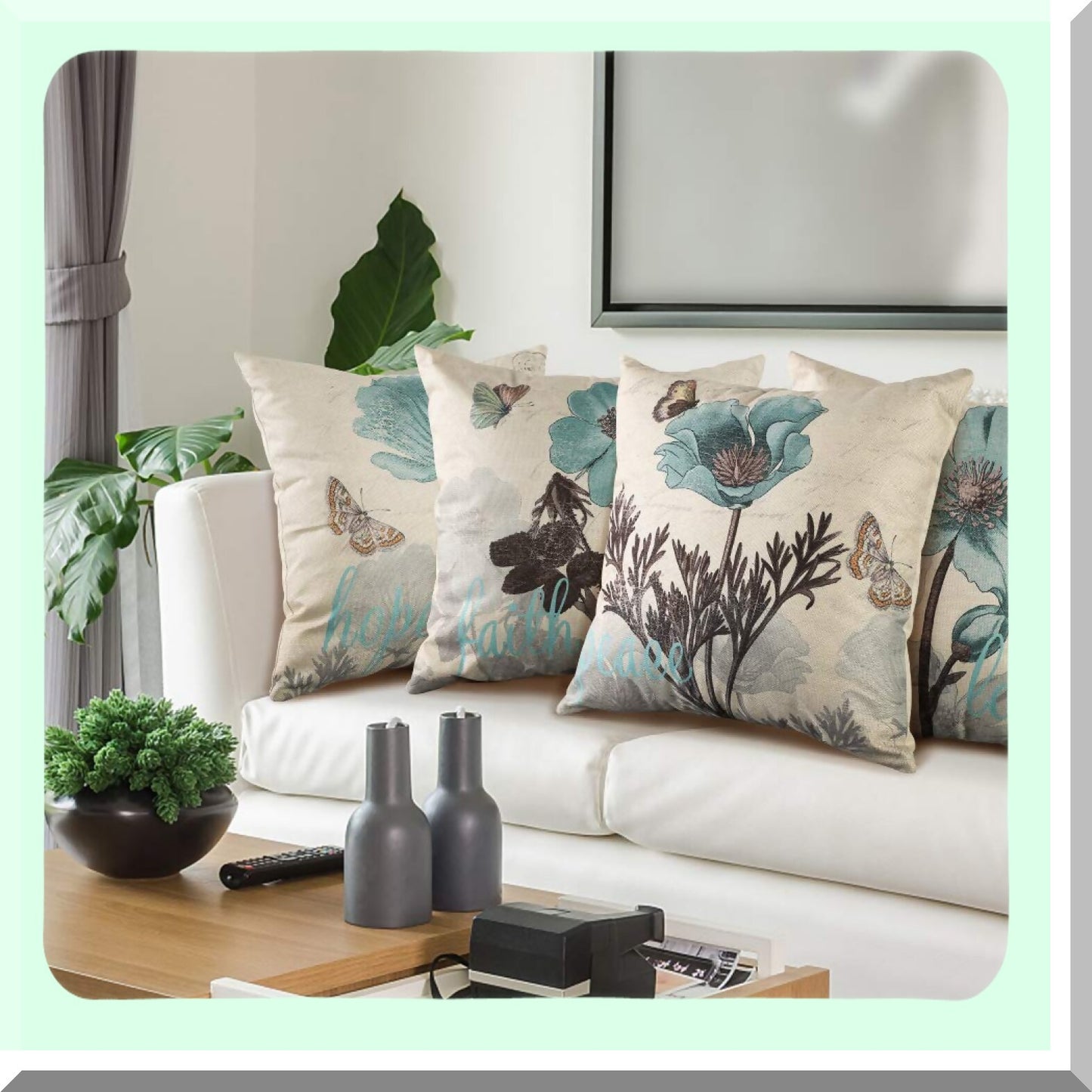 Blue Bloom Decorative Pillow Covers - Set of 4, 18x18 Inch Square Cushion Cases for Home Decor, Sofa, Bedroom, Car - Cotton Linen Fabric