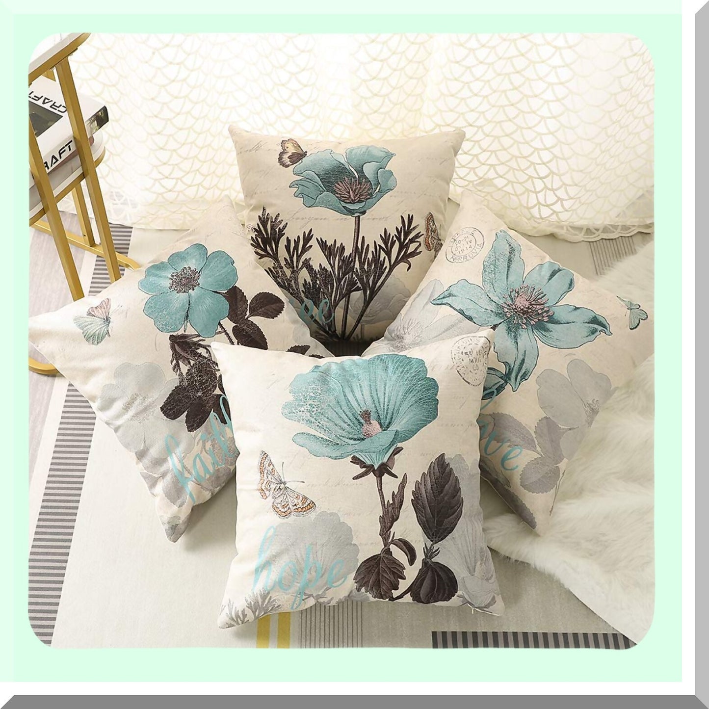 Blue Bloom Decorative Pillow Covers - Set of 4, 18x18 Inch Square Cushion Cases for Home Decor, Sofa, Bedroom, Car - Cotton Linen Fabric