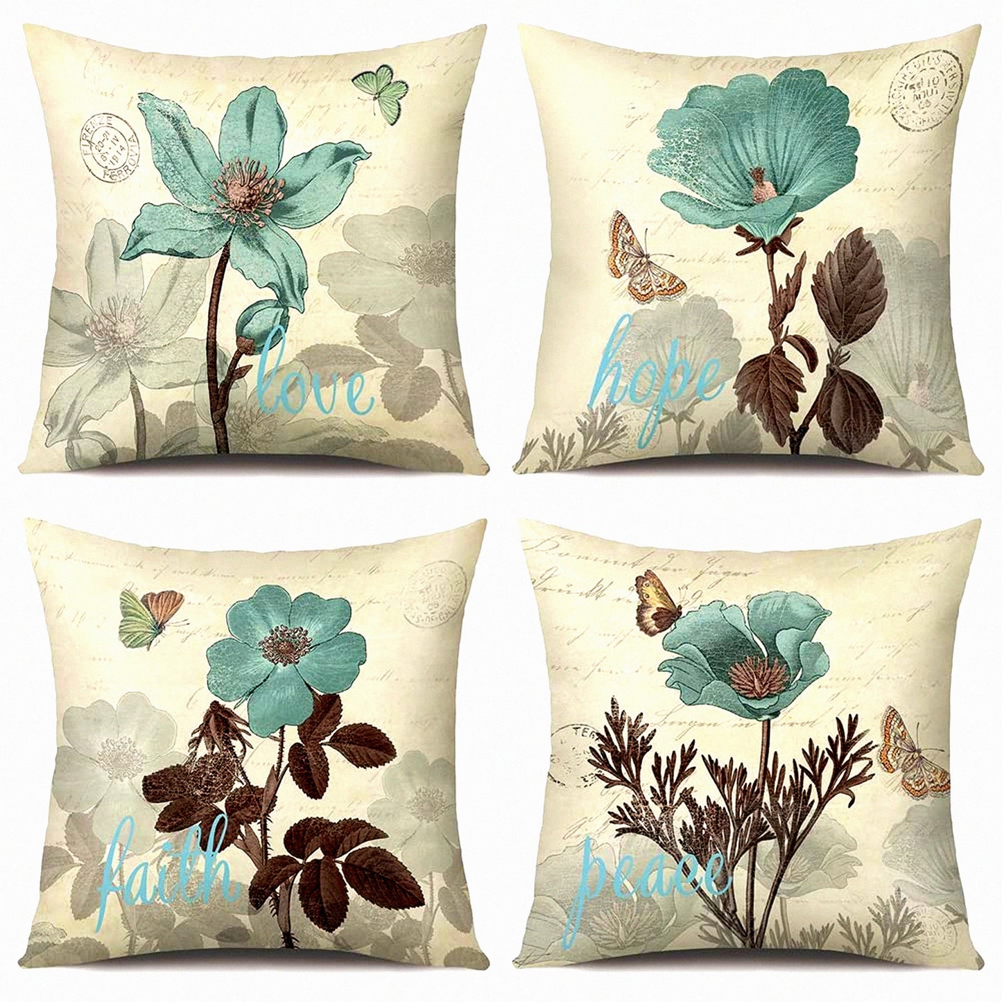 Blue Bloom Decorative Pillow Covers - Set of 4, 18x18 Inch Square Cushion Cases for Home Decor, Sofa, Bedroom, Car - Cotton Linen Fabric
