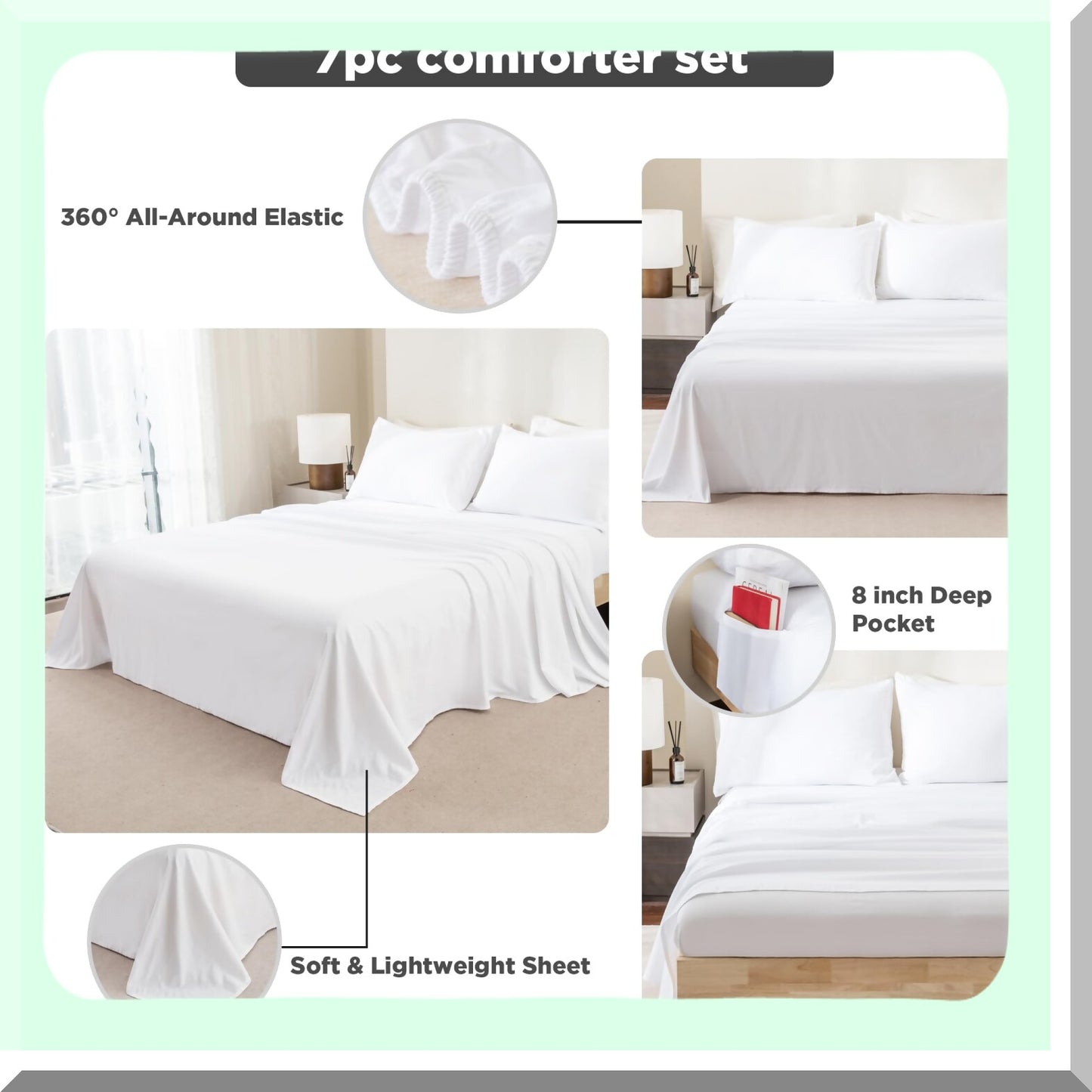Luxury White Cali Dream Comforter Set - 7 Piece California King Bedding Bundle with Soft Sheets, Pillowcases, and Shams for Ultimate Comfort and Style