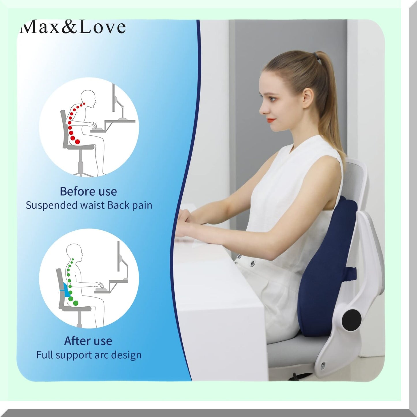 ErgoRelief Memory Foam Lumbar Support Pillow Cover - Orthopedic Backrest for Back Pain Relief in Office Chair, Computer Chair, Car Seat, Recliner, Couch - Dark Blue