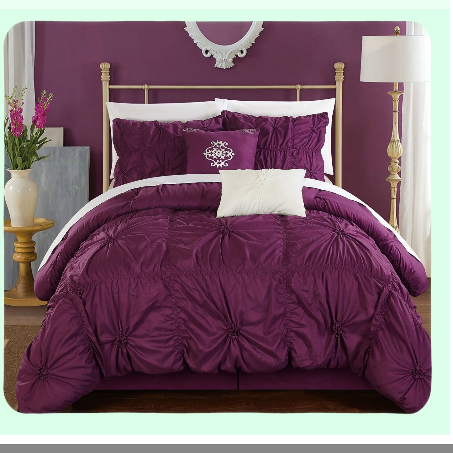 Floral Ruffle Queen Comforter Set with Designer Embellishments - Purple Pinch Pleated Bedding Ensemble with Bed Skirt & Decorative Pillows