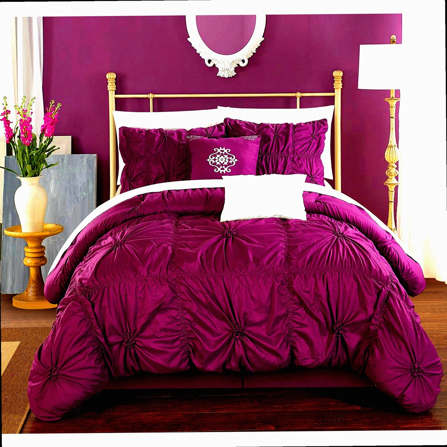 Floral Ruffle Queen Comforter Set with Designer Embellishments - Purple Pinch Pleated Bedding Ensemble with Bed Skirt & Decorative Pillows