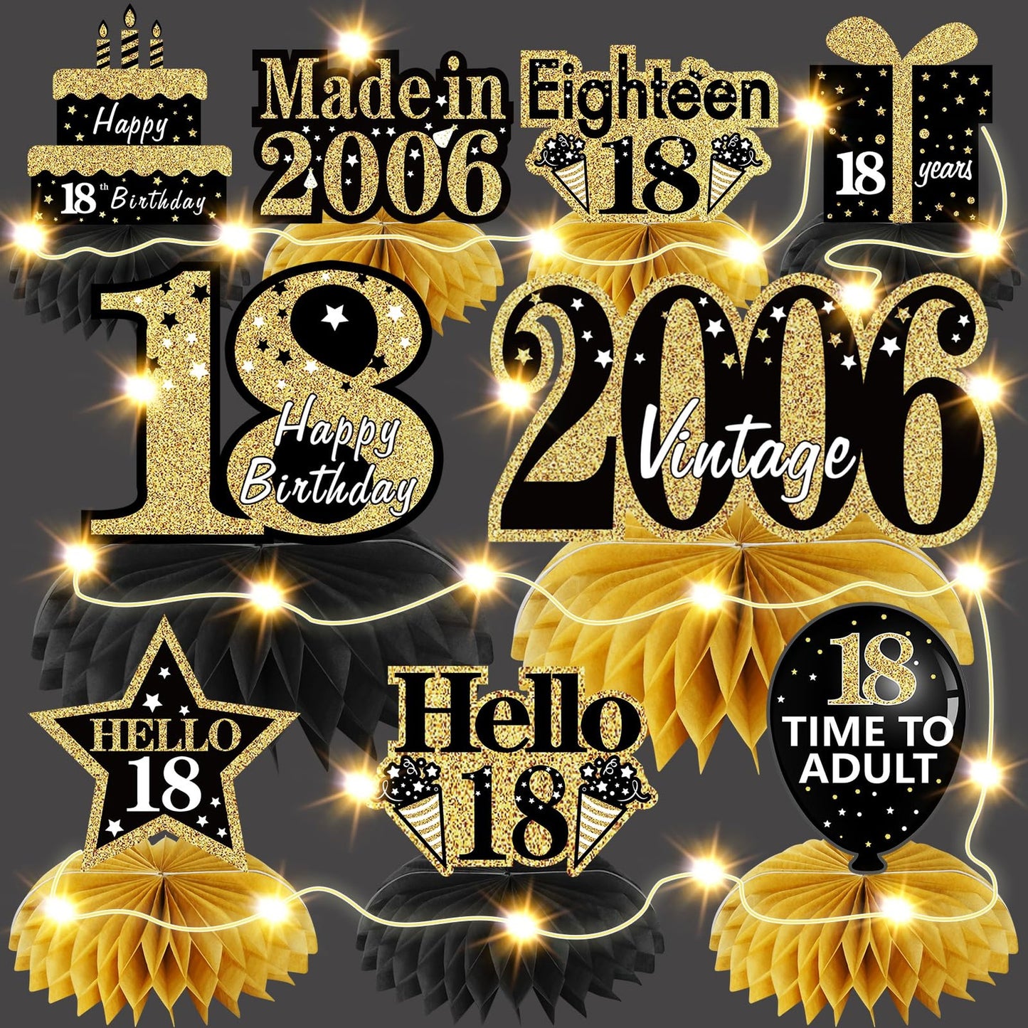 Vintage 2006 Birthday Honeycomb Centerpieces with String Lights - Happy 18 Year Old Table Toppers for Boys & Girls - Black Gold Party Decor