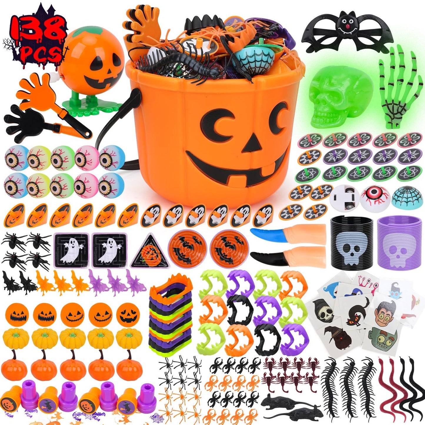 Kid's Party Pumpkin Bucket Toy Set - 138PCS Bulk Goodie Bag Fillers & Prizes. Non-Candy Treats for Fun & Creative Playtime!