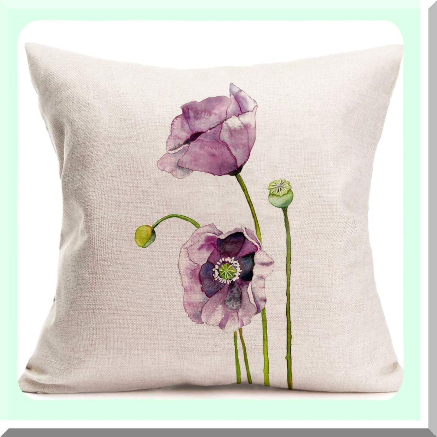 Purple Poppy Bloom Cotton Linen Pillowcase - 18x18 Decorative Cushion Cover Floral Slip - Soft Throw Pillow Protector - Flower Design Home Decor