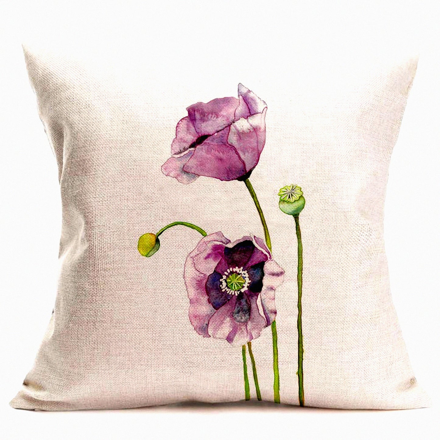 Purple Poppy Bloom Cotton Linen Pillowcase - 18x18 Decorative Cushion Cover Floral Slip - Soft Throw Pillow Protector - Flower Design Home Decor
