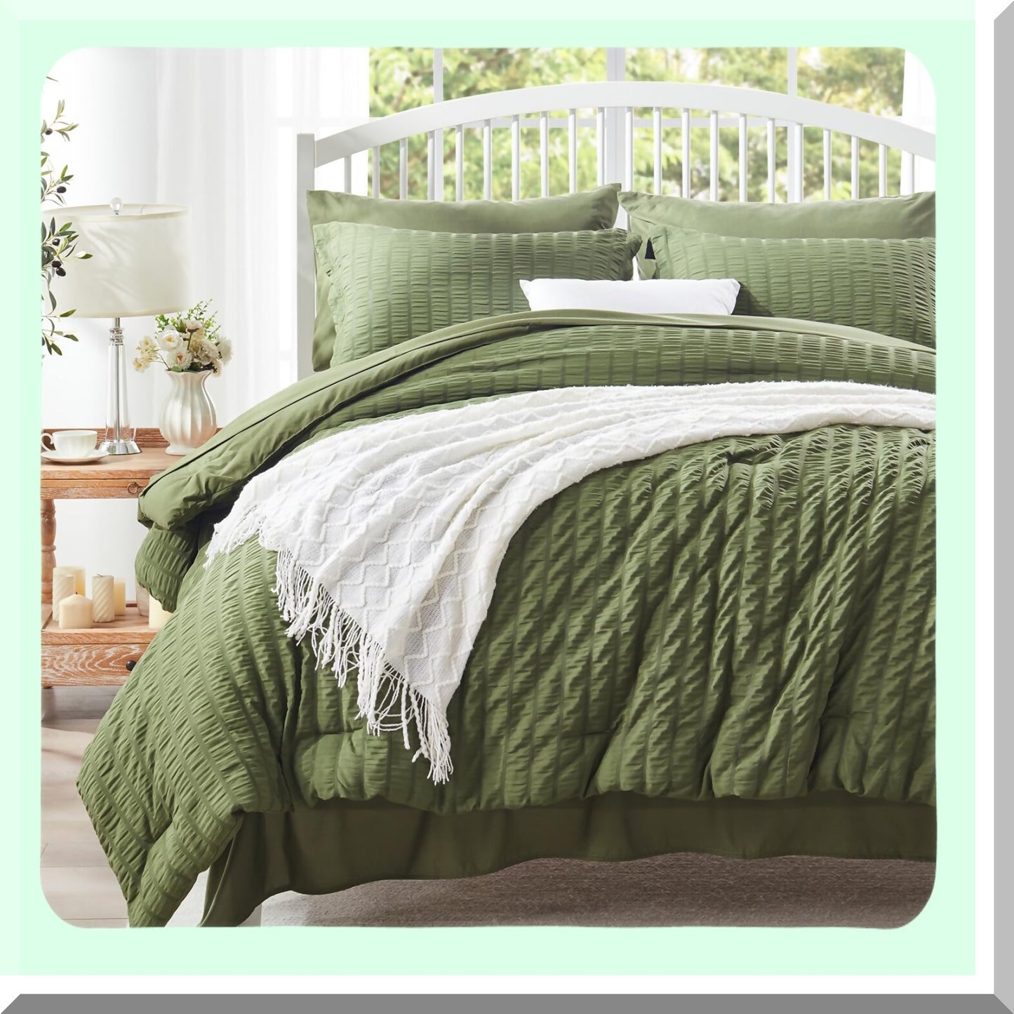 Olive Green Seersucker Comforter Set - 5 Piece Bedding Bundle: Comforter, Sheets, Pillow Sham, Pillowcase, Flat Sheet, Fitted Sheet - All Season Twin Bed in a Bag