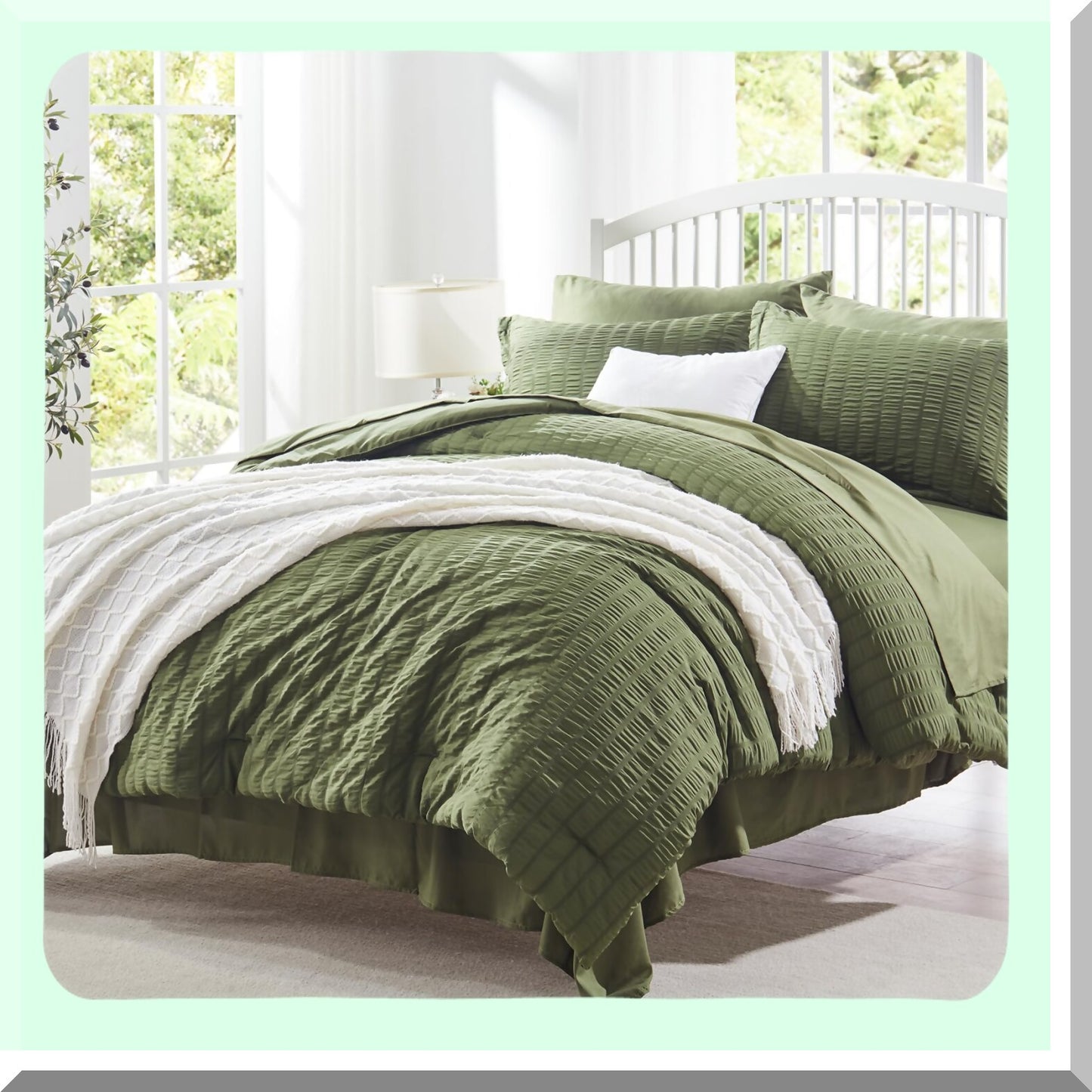 Olive Green Seersucker Comforter Set - 5 Piece Bedding Bundle: Comforter, Sheets, Pillow Sham, Pillowcase, Flat Sheet, Fitted Sheet - All Season Twin Bed in a Bag