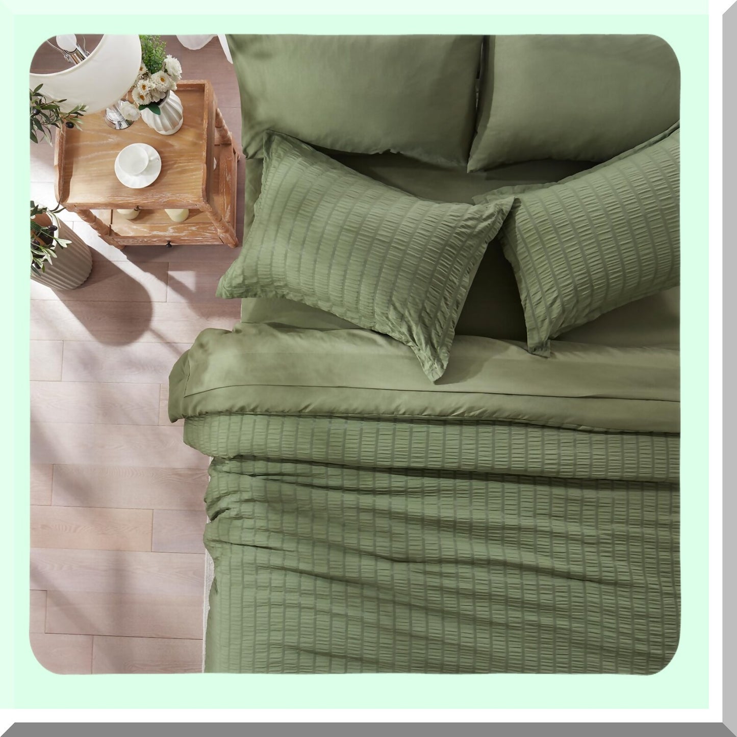 Olive Green Seersucker Comforter Set - 5 Piece Bedding Bundle: Comforter, Sheets, Pillow Sham, Pillowcase, Flat Sheet, Fitted Sheet - All Season Twin Bed in a Bag