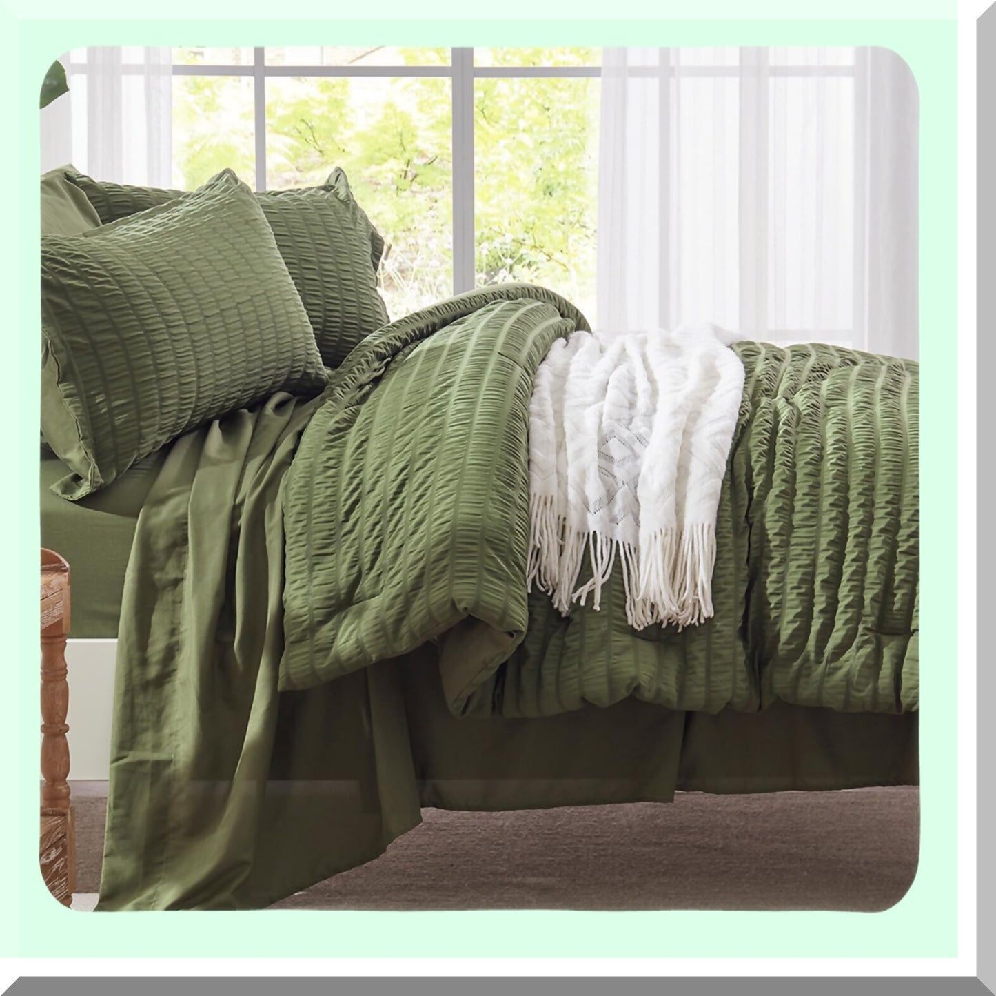 Olive Green Seersucker Comforter Set - 5 Piece Bedding Bundle: Comforter, Sheets, Pillow Sham, Pillowcase, Flat Sheet, Fitted Sheet - All Season Twin Bed in a Bag
