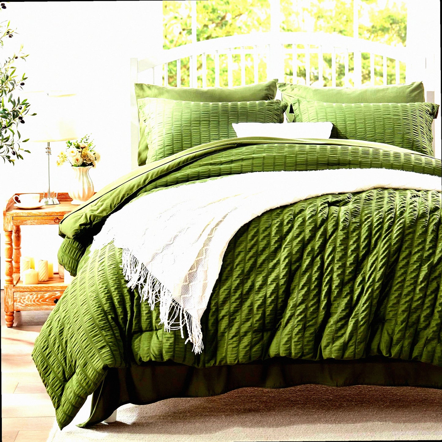Olive Green Seersucker Comforter Set - 5 Piece Bedding Bundle: Comforter, Sheets, Pillow Sham, Pillowcase, Flat Sheet, Fitted Sheet - All Season Twin Bed in a Bag
