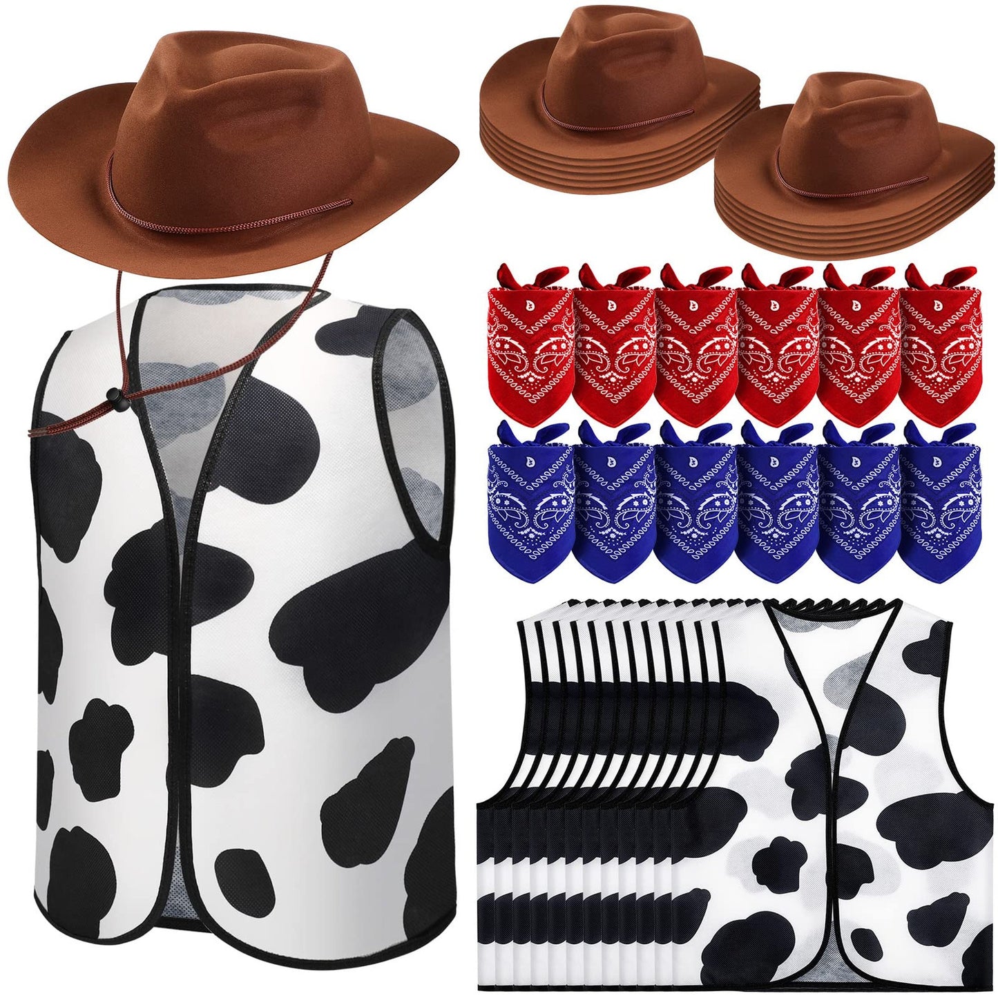 Wild West Party Pack - 36 Piece Cowboy Set with Hats, Bandanas, and Cow Vest Tops for Kids Western Themed Parties and Celebrations