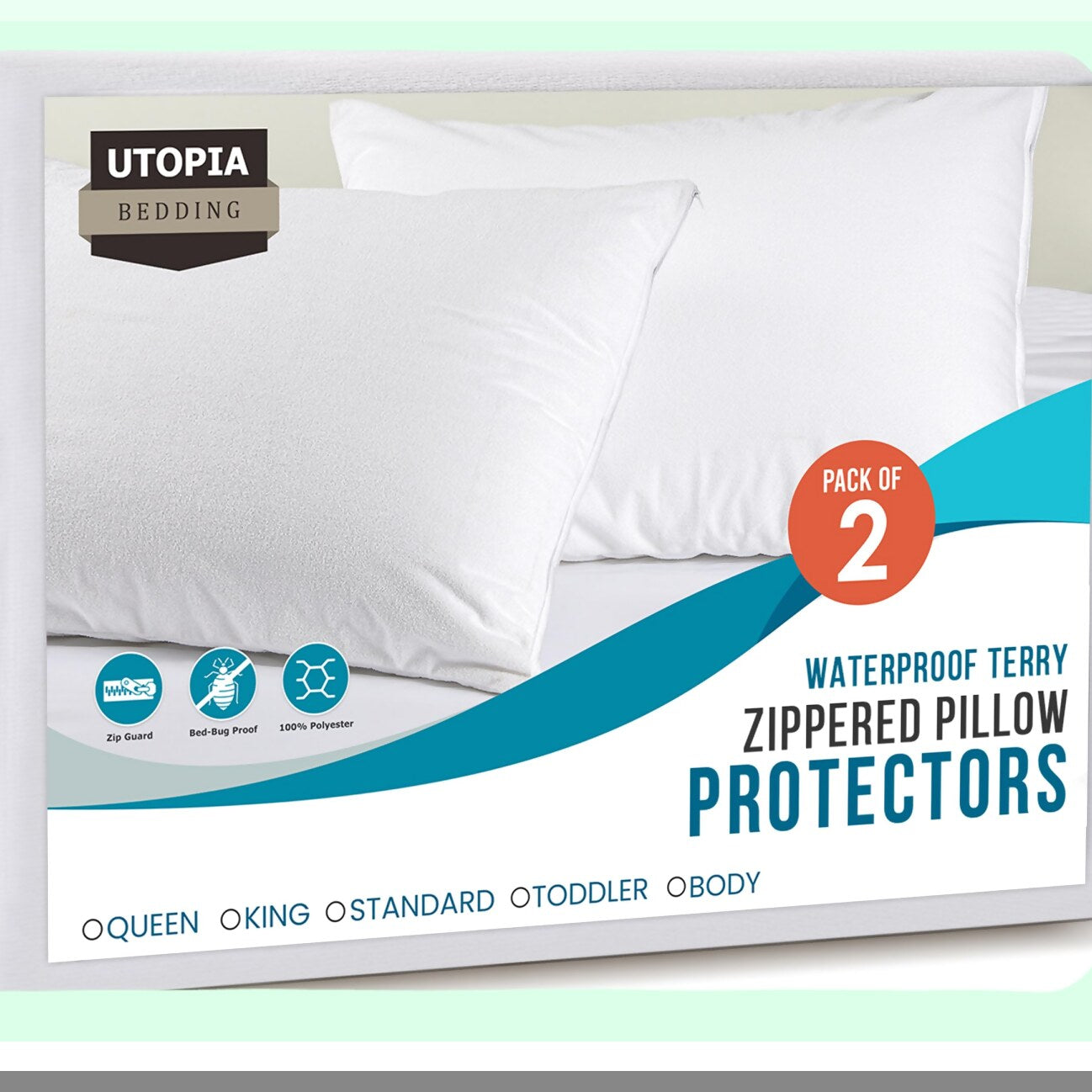 AquaGuard Pillow Armor - Waterproof Pillow Protectors (2 Pack) with Zipper, Terry Covers - Bed Bug & Dust Mite Proof - Standard Size