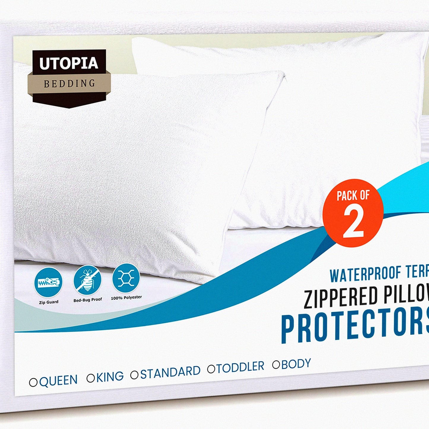 AquaGuard Pillow Armor - Waterproof Pillow Protectors (2 Pack) with Zipper, Terry Covers - Bed Bug & Dust Mite Proof - Standard Size