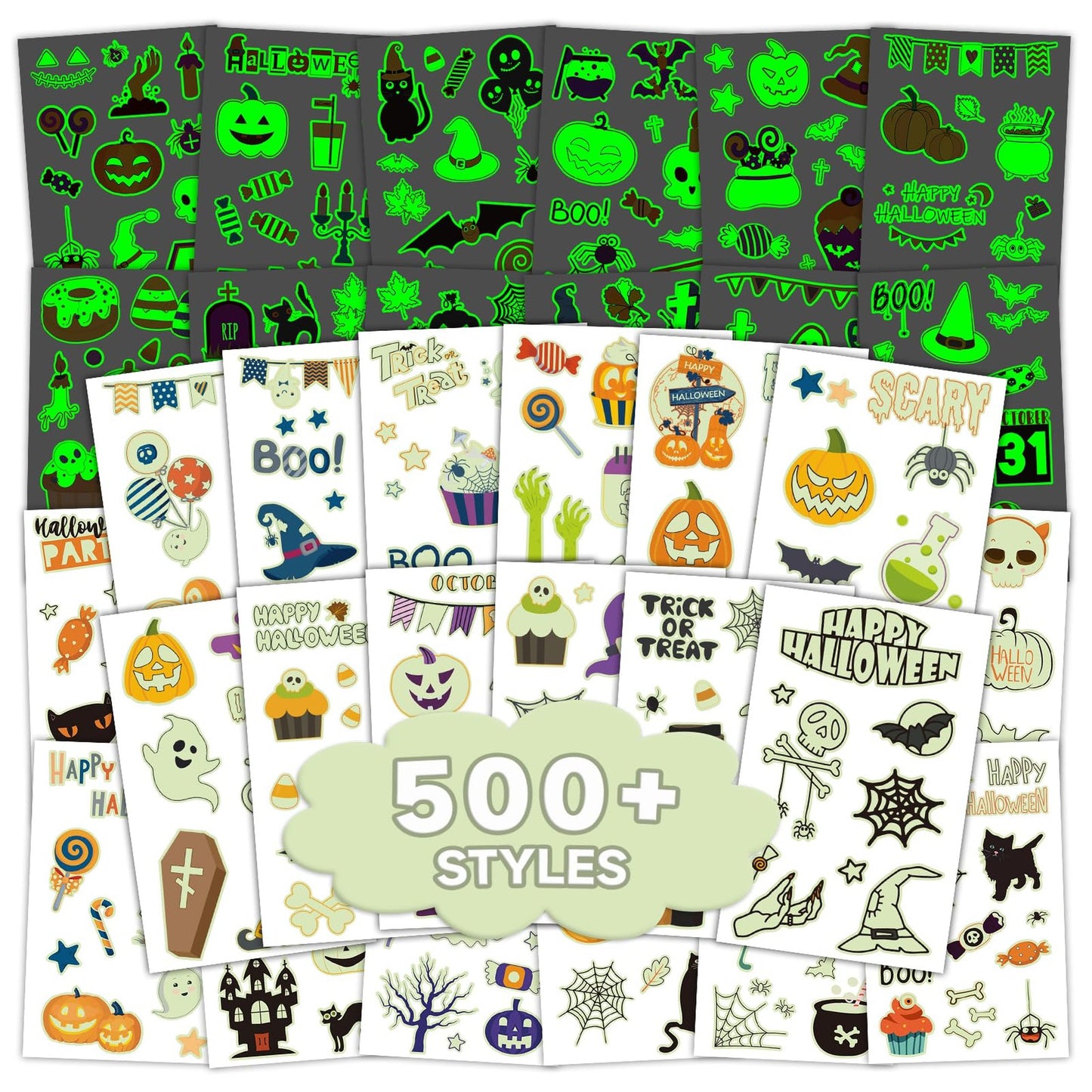 Glowing Kids Sticker Pack - 500+ Cute Temporary Tattoos for Boys & Girls - Fun Party Favors with 56 Sheets of Treats & Decorations