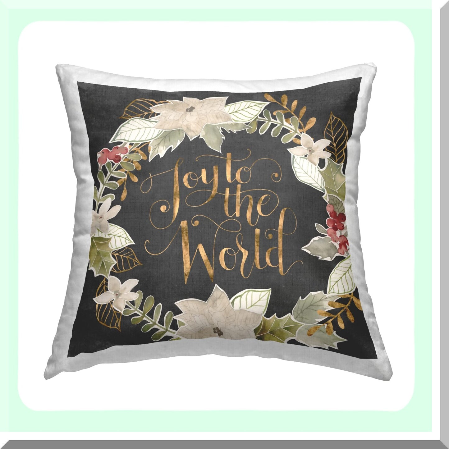 Chic Holly Wreath Joy Throw Pillow - Festive 18x18 Grey Cushion with Grace Popp Design - Christmas Decor for Home - Holiday Cheer Accent