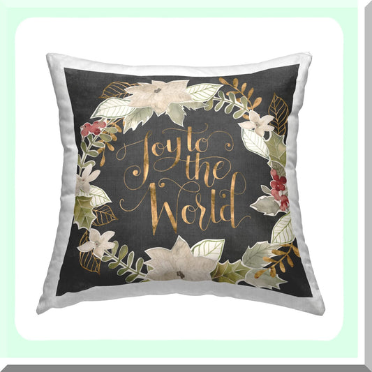 Chic Holly Wreath Joy Throw Pillow 18x18 Grey