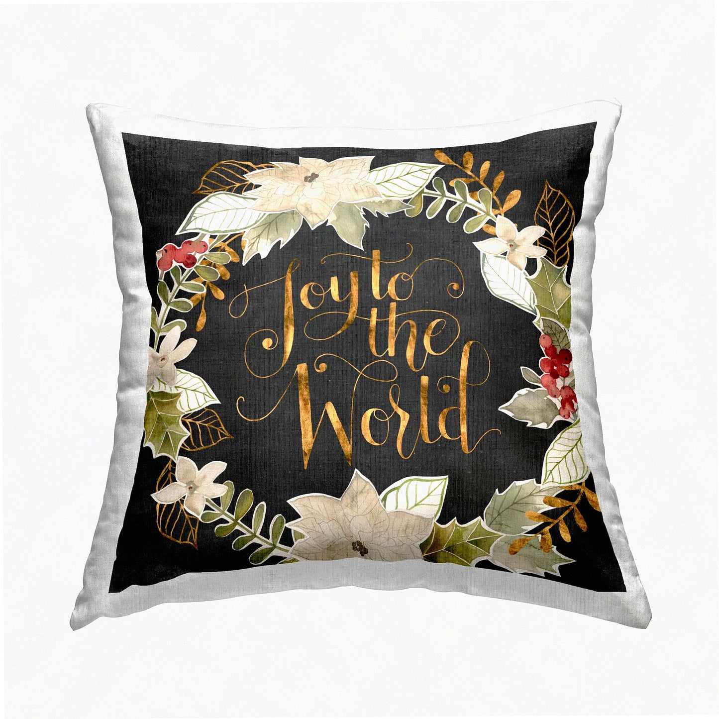 Chic Holly Wreath Joy Throw Pillow - Festive 18x18 Grey Cushion with Grace Popp Design - Christmas Decor for Home - Holiday Cheer Accent