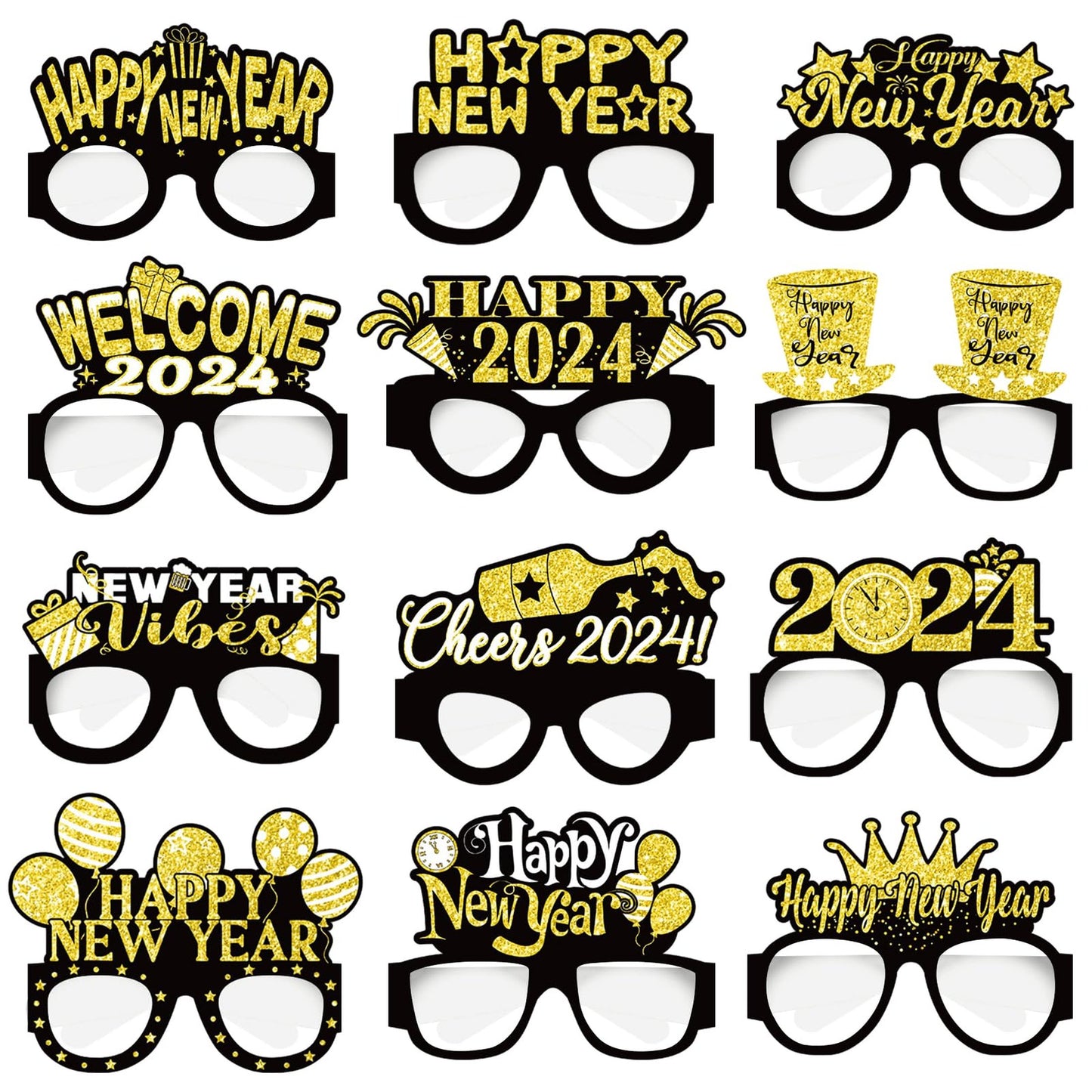 12Pcs Black Gold Happy New Year Glasses for Kids and Adults