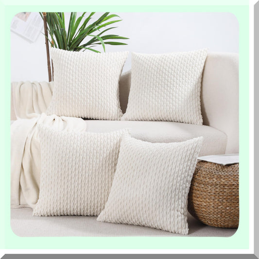 Boho Farmhouse Corduroy Pillow Covers - Set of 4 Rustic Decorative Cushion Cases for Couch, Bed, Sofa - Cream White 20x20 Square Throw Pillows