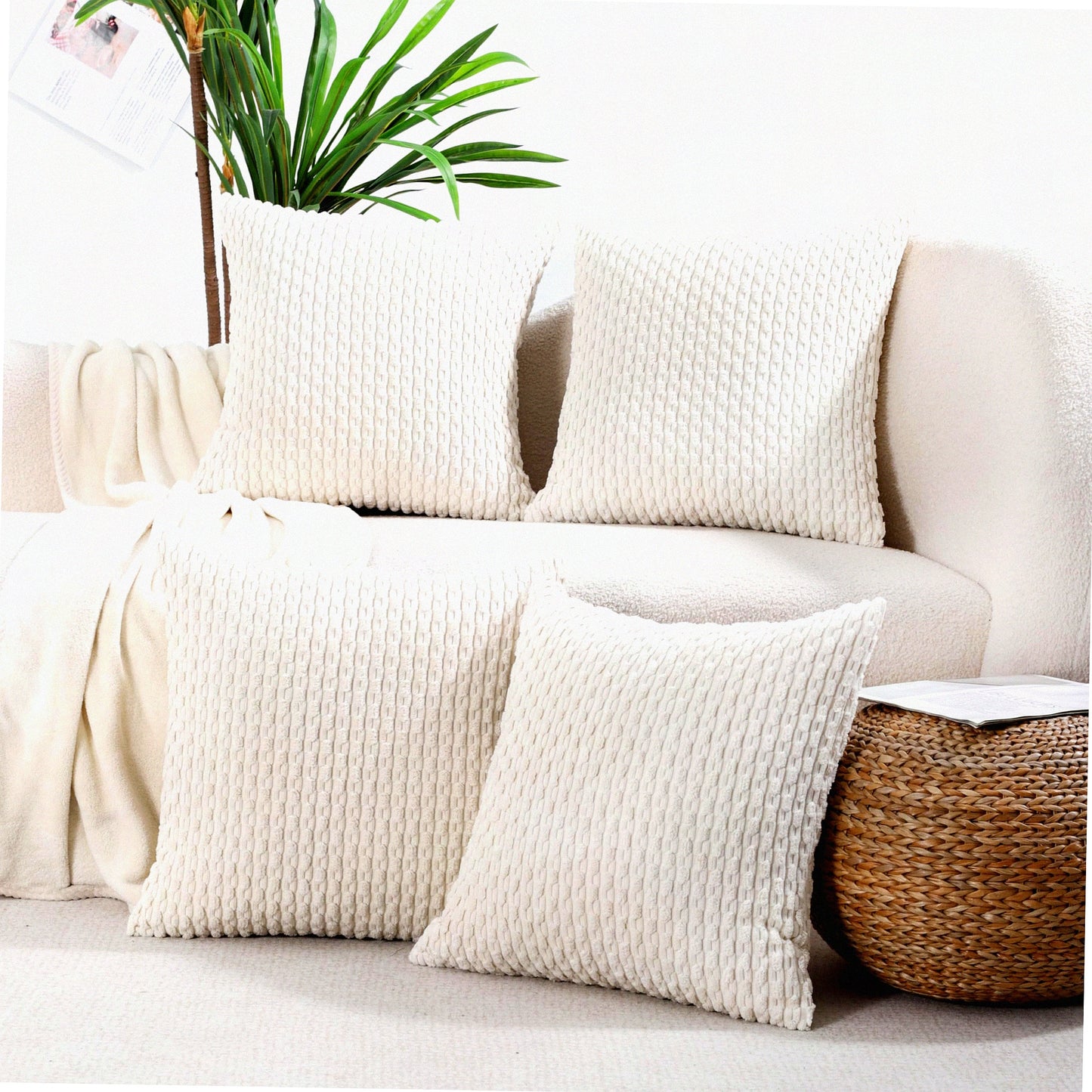 Boho Farmhouse Corduroy Pillow Covers - Set of 4 Rustic Decorative Cushion Cases for Couch, Bed, Sofa - Cream White 20x20 Square Throw Pillows