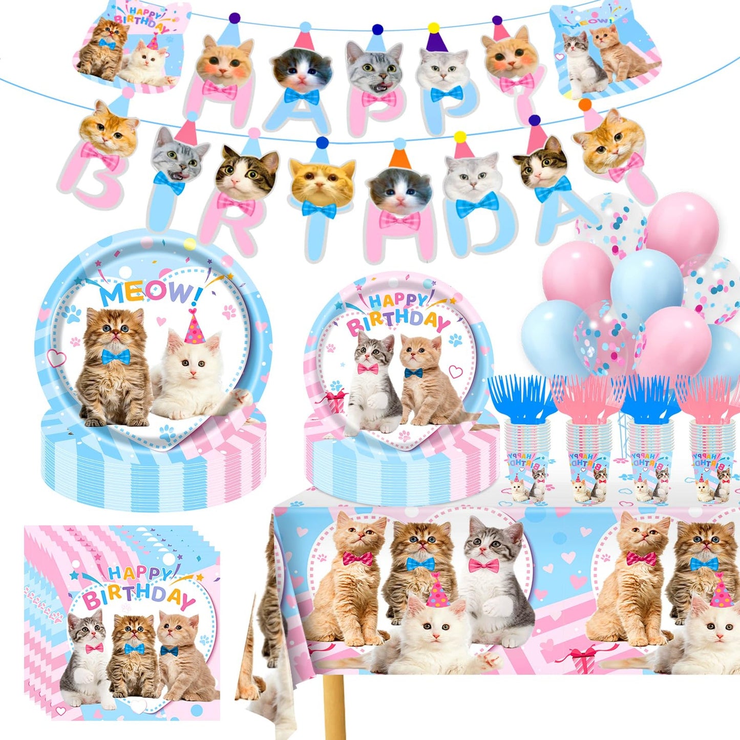 Cat Party Pack - 146 Piece Kitten Birthday Party Supplies Set for 24 Guests - Cat Plates, Cups, Napkins, Tablecloth, Balloons, Decorations - Meow-tastic Celebration Kit