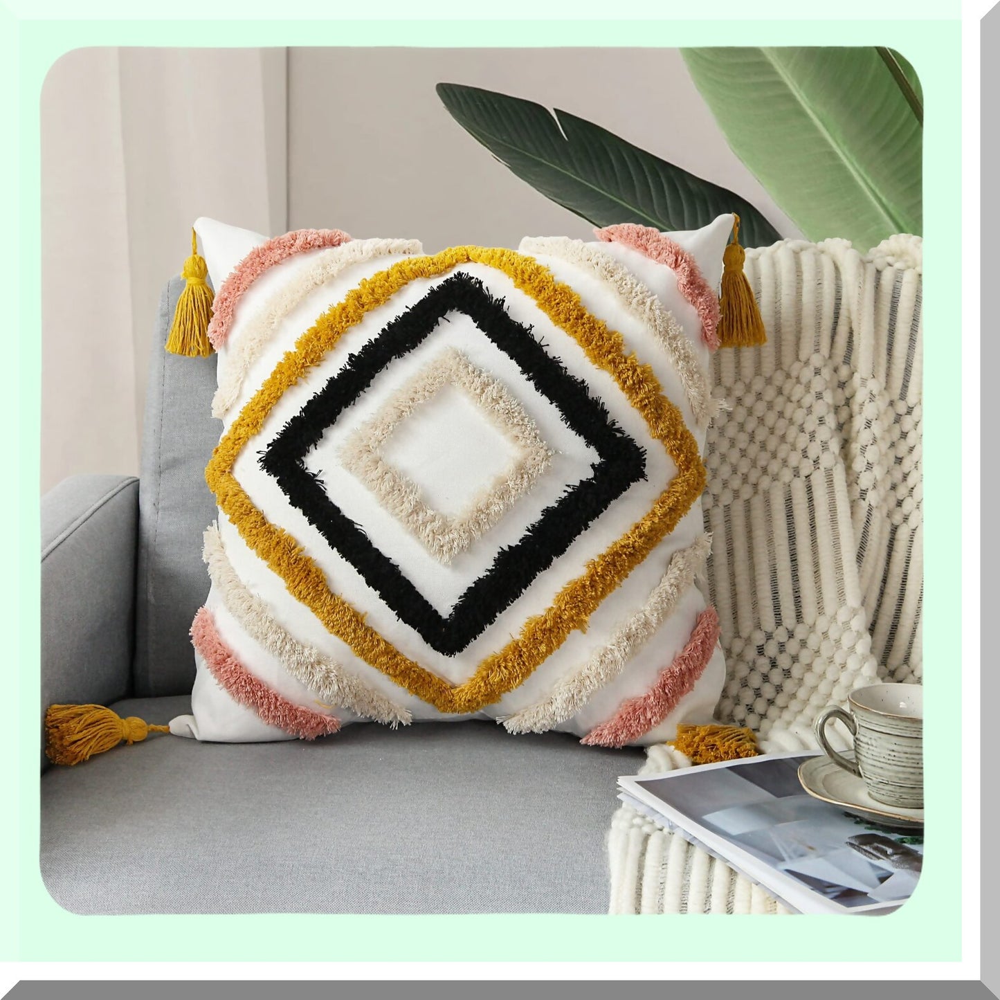 Diamond Boho Tufted Pillow Covers - Yellow Woven Decorative Couch Sofa Bedroom Living Room 18x18 Inch - No Insert - Tel Pattern