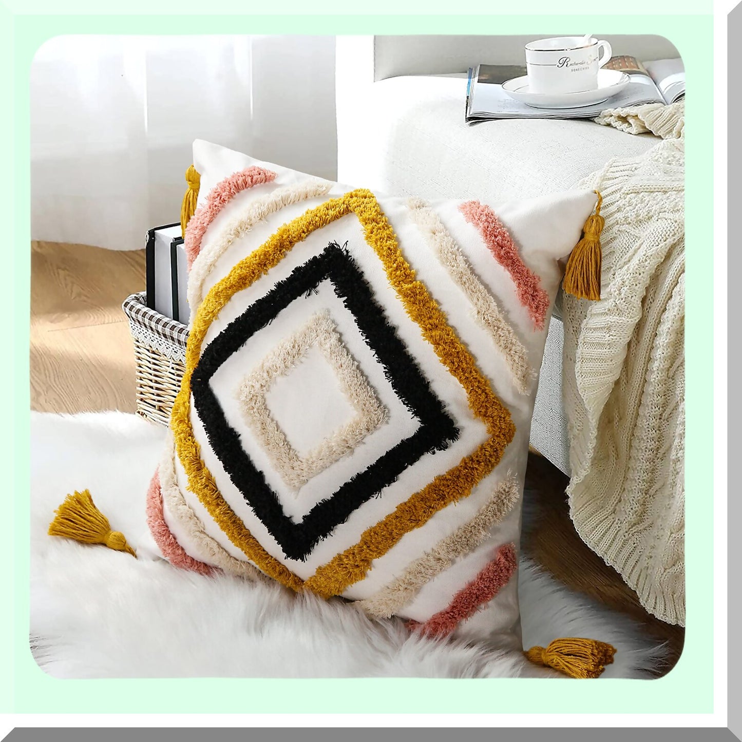 Diamond Boho Tufted Pillow Covers - Yellow Woven Decorative Couch Sofa Bedroom Living Room 18x18 Inch - No Insert - Tel Pattern
