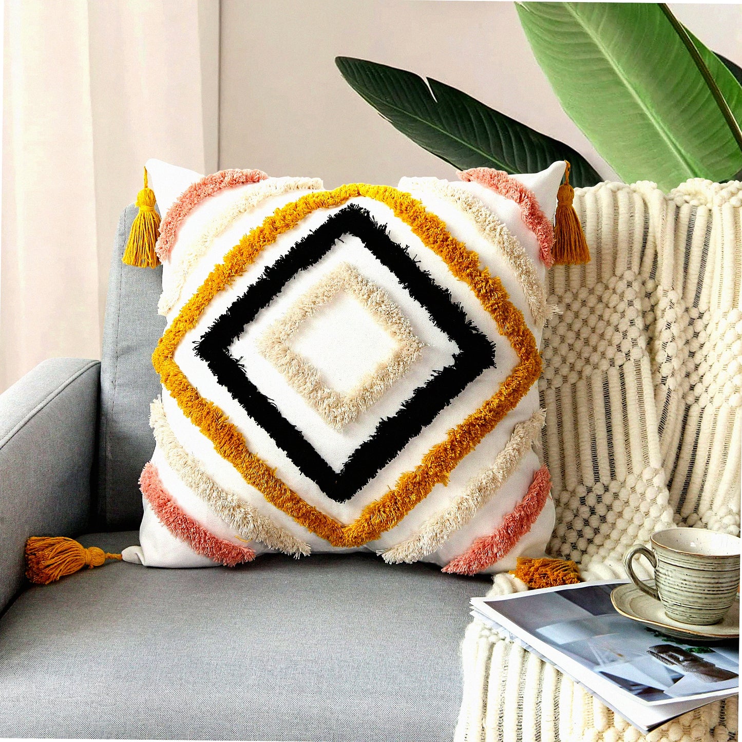 Diamond Boho Tufted Pillow Covers - Yellow Woven Decorative Couch Sofa Bedroom Living Room 18x18 Inch - No Insert - Tel Pattern