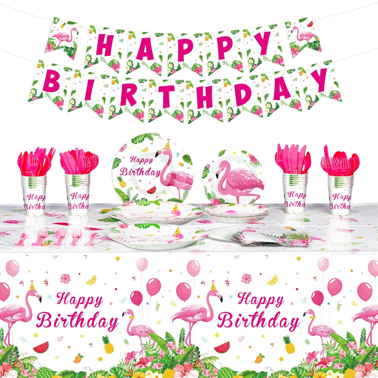 Flamingo Aloha Party Pack - 172 Pcs Flamingo Birthday Supplies Set for Girls, Hawaiian Tableware, Banner, Tablecloths, Serves 24 - Summer Luau Decor