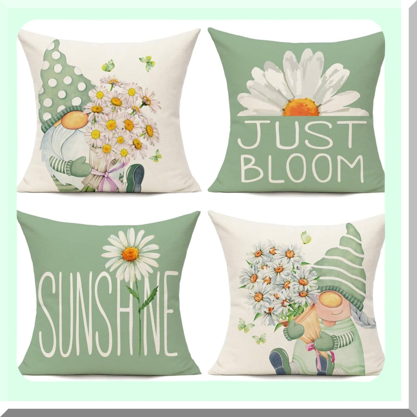 Greenery Gnome Garden Pillow Covers - Set of 4 Outdoor Spring Decorative Cushion Cases for Patio Sofa, Flower Decorations, 18x18 Summer Home Dcor