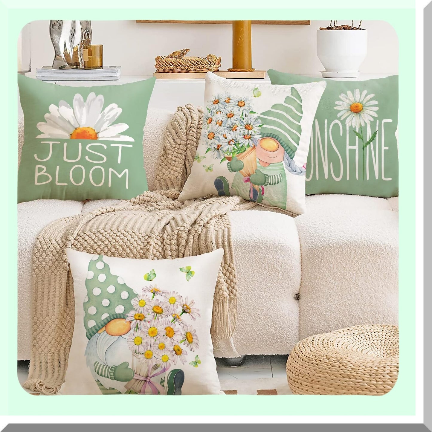 Greenery Gnome Garden Pillow Covers - Set of 4 Outdoor Spring Decorative Cushion Cases for Patio Sofa, Flower Decorations, 18x18 Summer Home Dcor