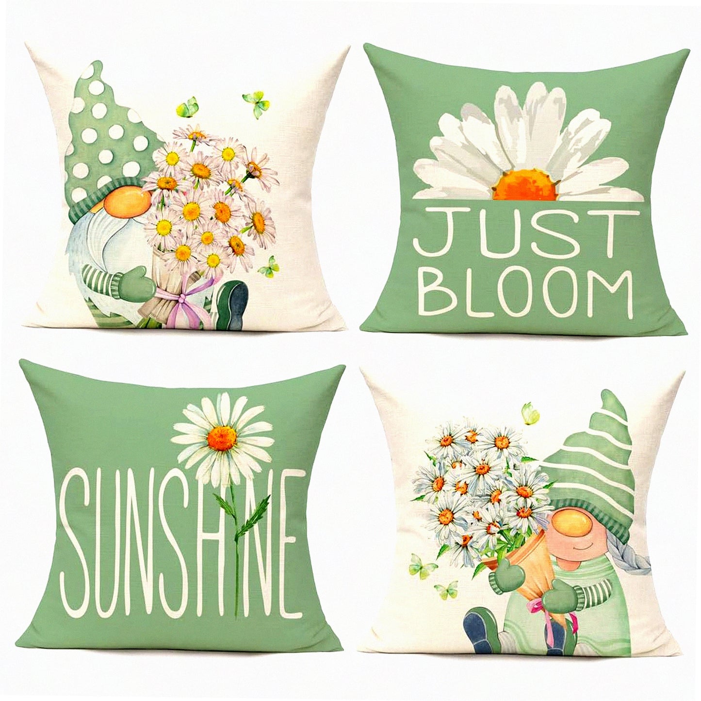 Greenery Gnome Garden Pillow Covers - Set of 4 Outdoor Spring Decorative Cushion Cases for Patio Sofa, Flower Decorations, 18x18 Summer Home Dcor