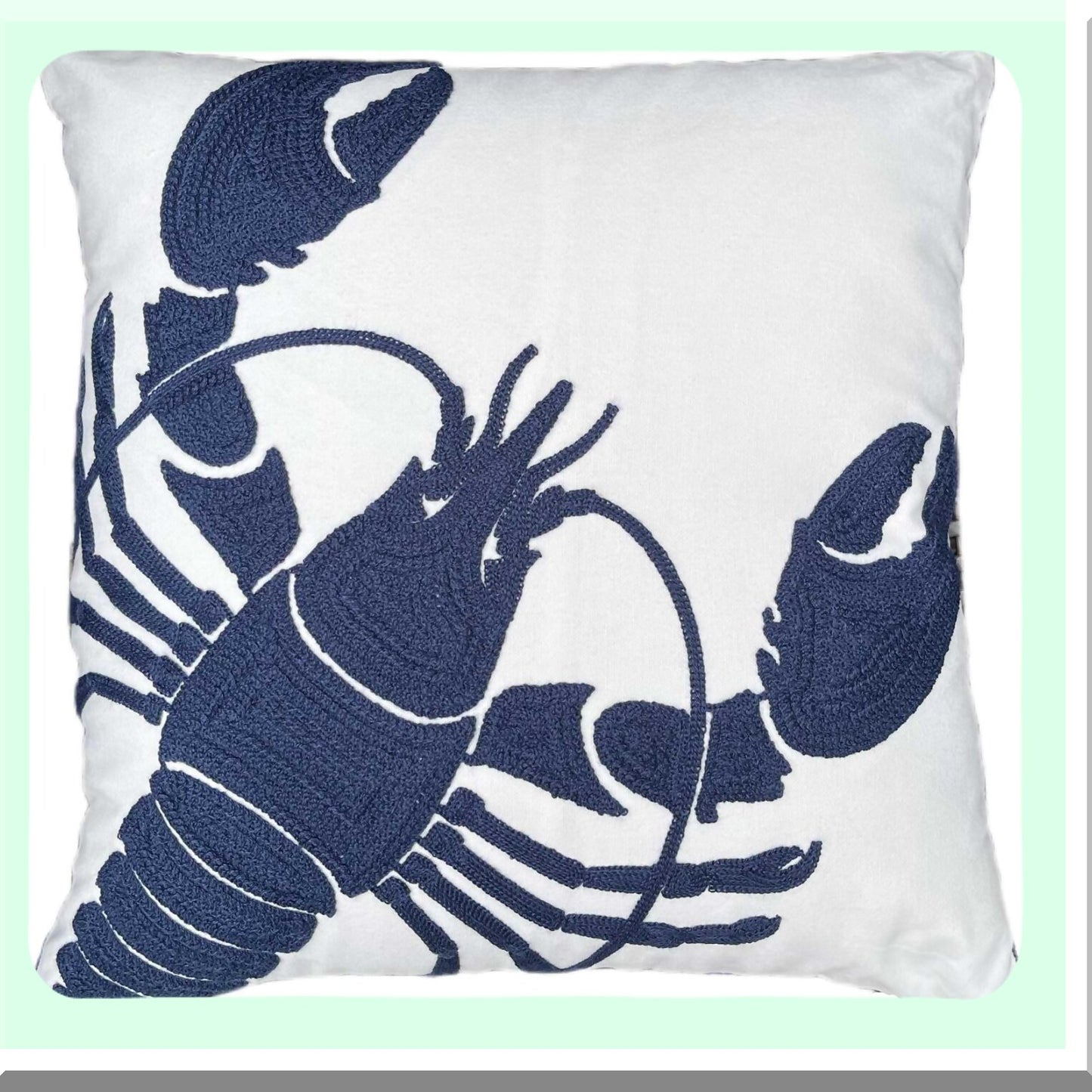 Nautical Lobster Embroidered Pillow Cover - Navy Blue Decorative Canvas Square 18" Throw Pillow Cover for Coastal Home Decor