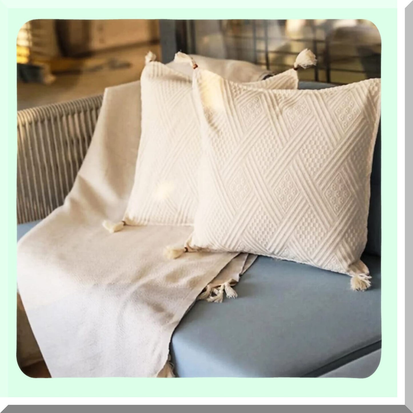 Natural Cotton Farmhouse Decorative Pillow Covers - Set of 2, Square Cushion Cases for Couch Sofa Bedroom Living Room, Beika Special Design, Cream Color, 17x17 Inch