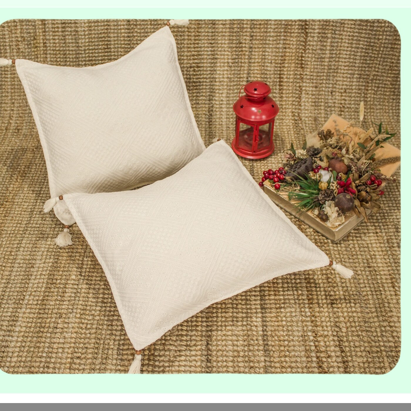 Natural Cotton Farmhouse Decorative Pillow Covers - Set of 2, Square Cushion Cases for Couch Sofa Bedroom Living Room, Beika Special Design, Cream Color, 17x17 Inch