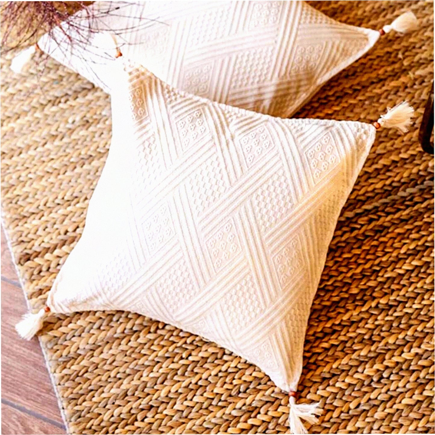 Natural Cotton Farmhouse Decorative Pillow Covers - Set of 2, Square Cushion Cases for Couch Sofa Bedroom Living Room, Beika Special Design, Cream Color, 17x17 Inch