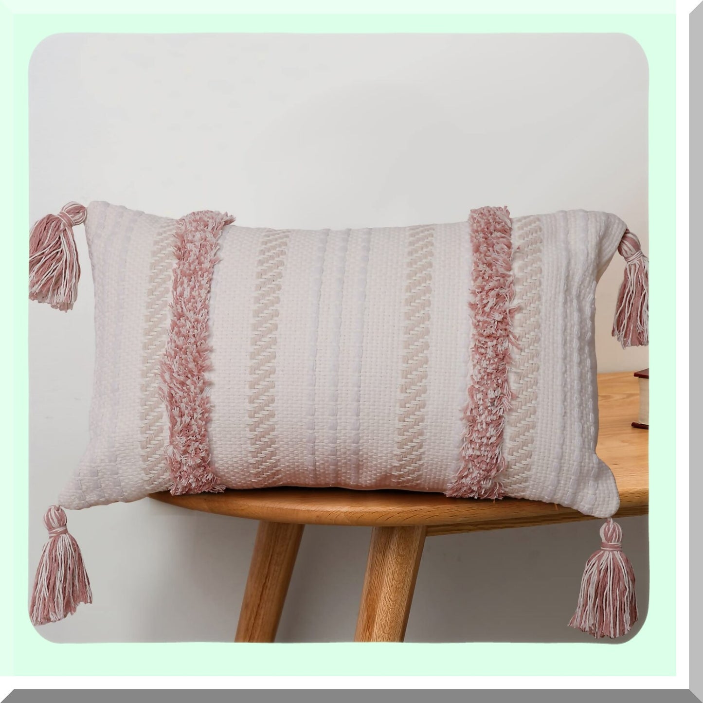 Tufted Boho Lumbar Pillow Cover - Modern Farmhouse Decorative Throw Cushion Case for Couch Bed - Small 12x20 inch Accent in Pink Neutral