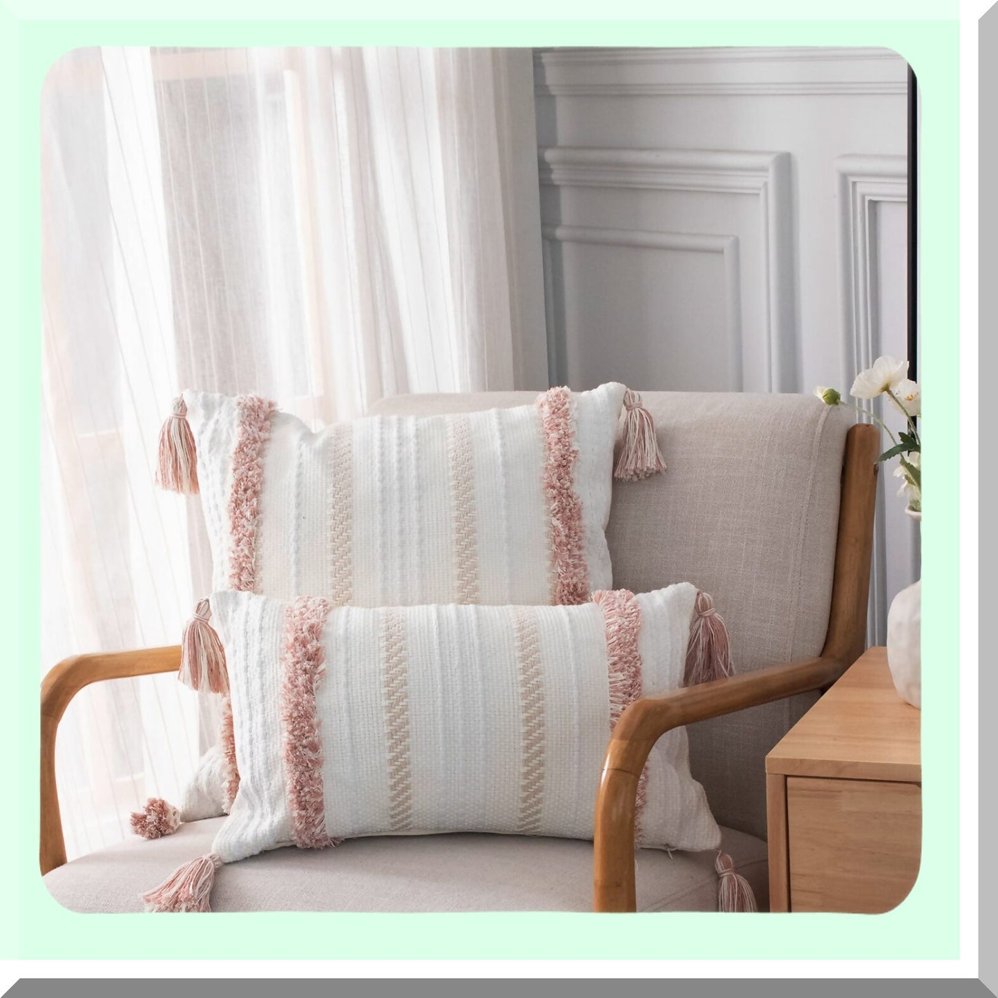 Tufted Boho Lumbar Pillow Cover - Modern Farmhouse Decorative Throw Cushion Case for Couch Bed - Small 12x20 inch Accent in Pink Neutral