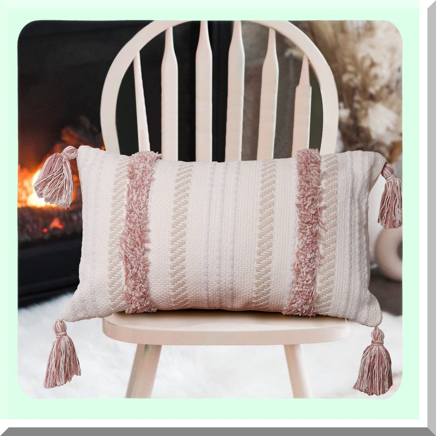 Tufted Boho Lumbar Pillow Cover - Modern Farmhouse Decorative Throw Cushion Case for Couch Bed - Small 12x20 inch Accent in Pink Neutral