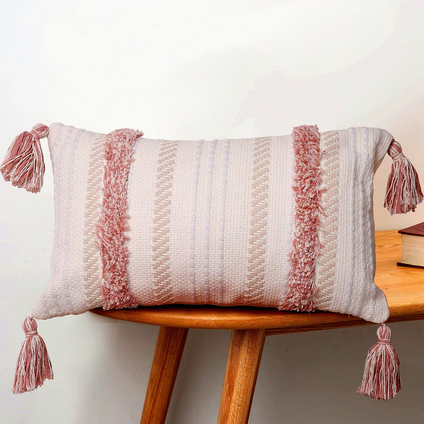 Tufted Boho Lumbar Pillow Cover - Modern Farmhouse Decorative Throw Cushion Case for Couch Bed - Small 12x20 inch Accent in Pink Neutral
